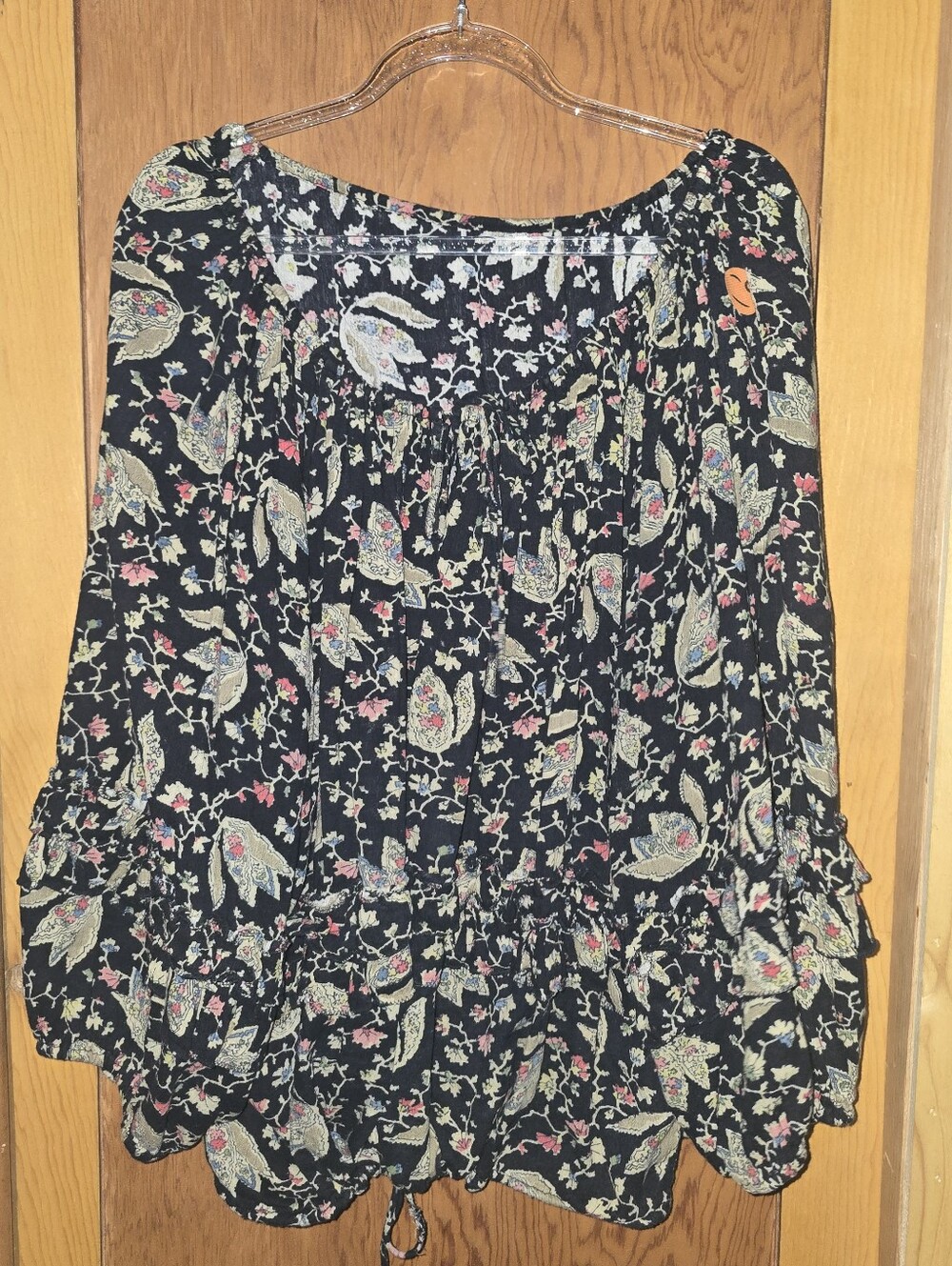 American rag XL rayon black floral boho tie front blouse top